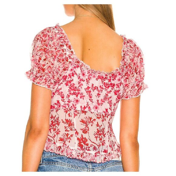 LoveShackFancy Bryant Top Silk Campfire Breeze Red Floral puff sleeve Size 10 - Picture 2 of 9